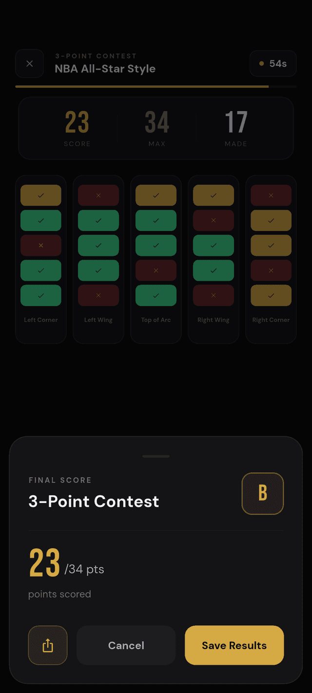 9 game modes. Solo drills, 1v1 duels, H-O-R-S-E.